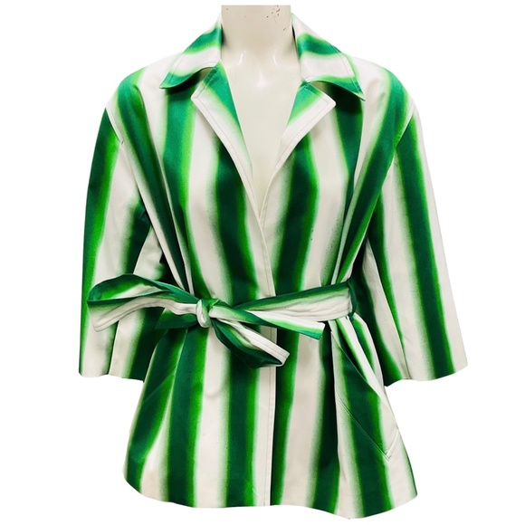 Dries Van Noten Jackets & Blazers - DRIES VAN NOTEN GREEN / WHITE STRIPED COTTON JACKET WITH BELT